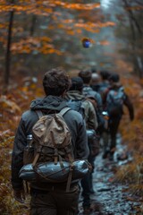 A diverse group of friends find peace and adventure while exploring a forest hiking trail in autumn