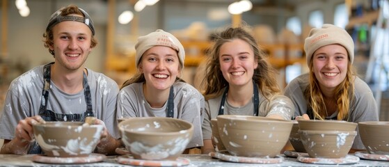 Friends making pottery at an art studio during the daytime, focused and creative, with a diverse group