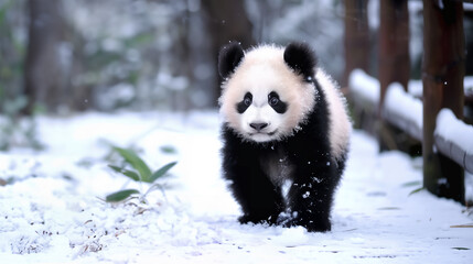 Fototapeta premium baby panda walking through the snow, looking ahead with a focused expression, covered in snow, with a few green plants visible, its fur looks fluffy and contrasts beautifully with the white snow