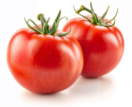 Two fresh and juicy tomatoes isolated on a white background