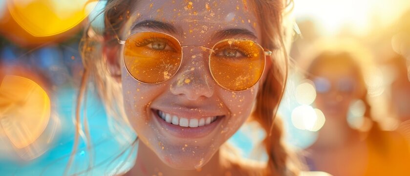 Friends are participating in a color run on city streets during the daytime, showcasing an energetic and fun atmosphere with a mix of ages