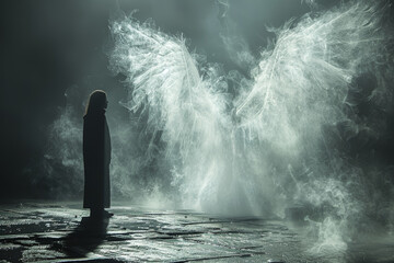 A shadowy figure confronting a glowing angel. Concept of darkness vs. light. Generative Ai.