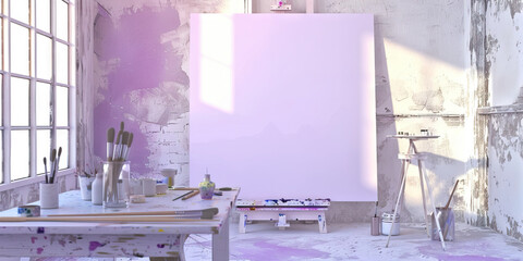 Lavender Purple Studio: Whitewashed walls with a large, empty canvas on an easel, artist's table, and paintbrushes