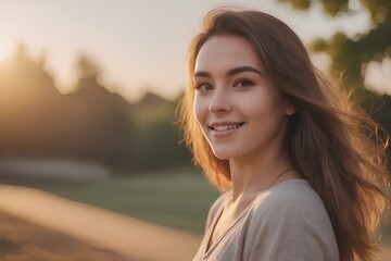 warm and friendly photo of a 25 years young beautiful woman smiling brightly.