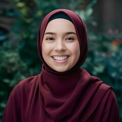 Arabic warm and friendly photo of a young hijab 25 years woman smiling brightly. 