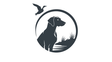 silhouette pointer dog hunting badge logo template vector illustration design, duck flying above pointer dog emblem logo concept