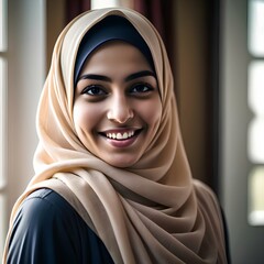 Arabic warm and friendly photo of a young hijab 25 years woman smiling brightly. 