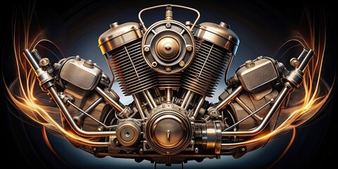 Vintage motorcycle engine with artistic heartbeat lines and stylized mechanical elements radiating from it , vintage, motorcycle, engine, heart, bike, artistic, flourishes