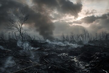 Fototapeta premium Grim Battlefield Scene with Smoke and Ash