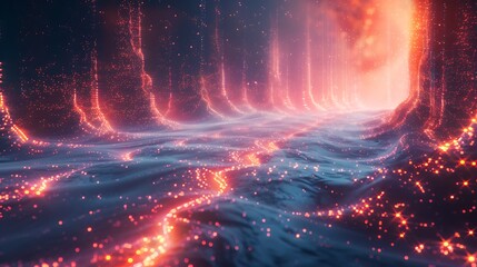 A surreal visualization of silicon chip pathways, with pulsating electronic signals depicted as luminous beams of light piercing through a misty, ethereal landscape.