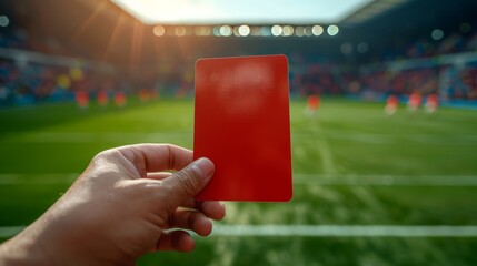 Referee showing a red card to a displeased football or soccer player while gaming. Concept of sport, rules violation, controversial issues, obstacles overcoming