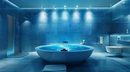 bathroom in blue --ar 16:9 Job ID: 02d380c2-b1ac-4493-88e9-fbb848e36605