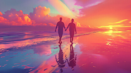 Fototapeta premium illustration of a close-up scene featuring two male LGBTQ+ couple walking together on a sunset beach, holding hands