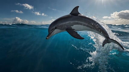 Beneath the azure waves, a playful dolphin leaps in graceful arcs, leaving shimmering trails of wonder in its wake ai_generated