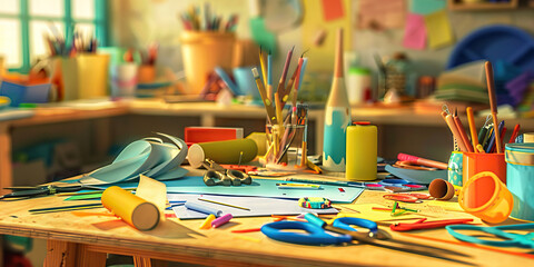 Fototapeta premium Crafting Corner: A table covered in various arts and crafts supplies, including glue, scissors, and construction paper