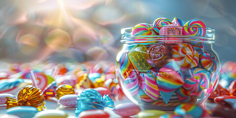 Sweet Tooth: A candy jar filled with colorful candies and wrapped sweet treats