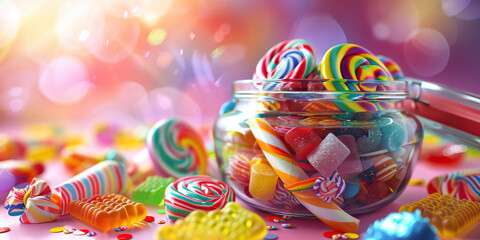 Sweet Tooth: A candy jar filled with colorful candies and wrapped sweet treats