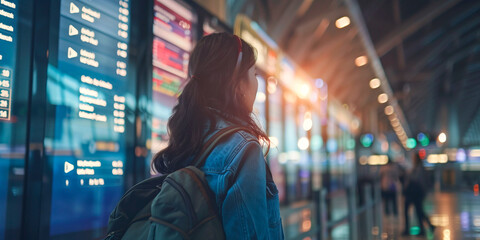 Woman traveler looking at airport or a train station departure and arrival information