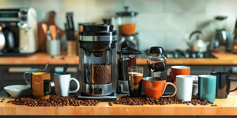Coffee Connoisseur: A coffee bean grinder, coffee maker, and various coffee mugs on a kitchen counter.