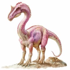 Naklejka premium Pink Rosy-Hued Dinosaur Standing on Rocky Terrain Isolated on White Background, Watercolor style