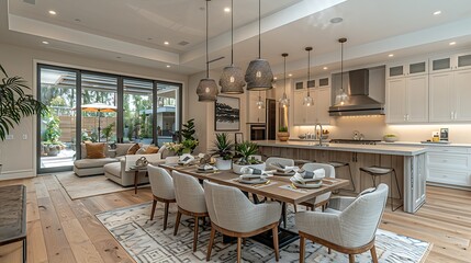  Clean lines and contemporary furnishings define this kitchen and dining room, while eye-catching wall accents add personality and charm to the sophisticated interior design