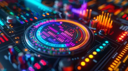 Vibrant and Colorful Close-up of Futuristic Sound Mixing Board with LED Lights