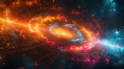Obraz premium A vibrant illustration of qubits swirling in a quantum computer, with glowing rainbow-colored lights, set against a black background filled with mathematical equations and algorithms.