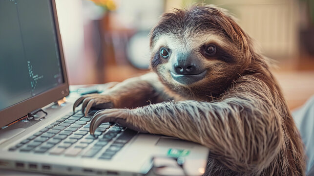 A cute sloth working slowly at the computer