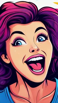 happy woman screaming smiling in joy extasy rainbow colorful comix cartoon iretro illustration animation advertisement style - 4K 9x16 vertical stock Video footage AI