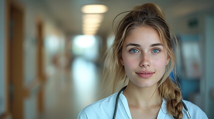 An image of a young woman doctor on the corridor of a hospital.