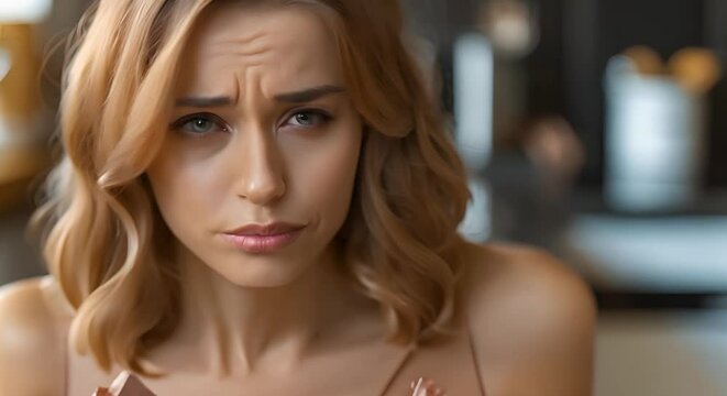Woman displaying self-control while resisting temptation to eat a chocolate bar. Concept Portrait, Self-Control, Temptation, Chocolate, Lifestyle