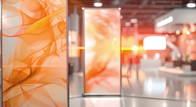 Displaying Two Vertical Rollup Banners at a Trade Show Mockup. Concept Trade Show, Mockup Display, Vertical Banners, Brand Promotion, Marketing Strategy