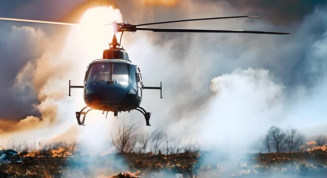 Helic&oacute;ptero combate incendio en &aacute;rea de batalla contra llamas. Concept Firefighting Helicopter, Battling Flames, Aerial Support, Emergency Response, Wildfire Control