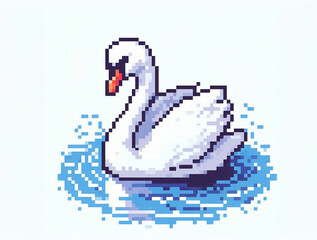 Pixel art illustration of white swan swimming in the water