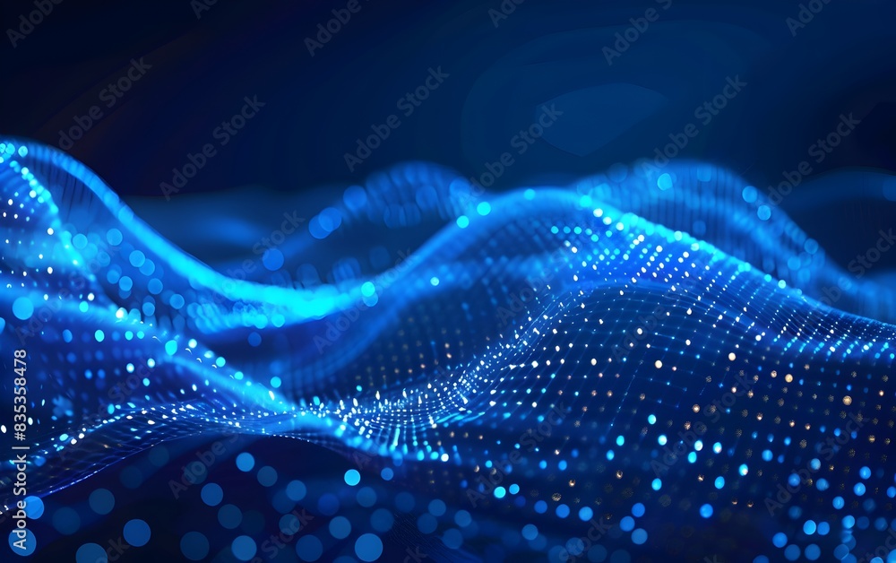 Poster abstract blue digital wave with glowing dots on a dark background, in the technology and data concep