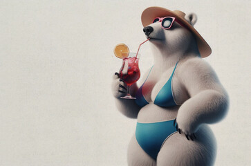 Portrait of anthropomorphic ice bear with sunglasses and bikini drinking cocktail and standing isolated on paper textured white background. Concept of summer, holidays, recreation. Copy space