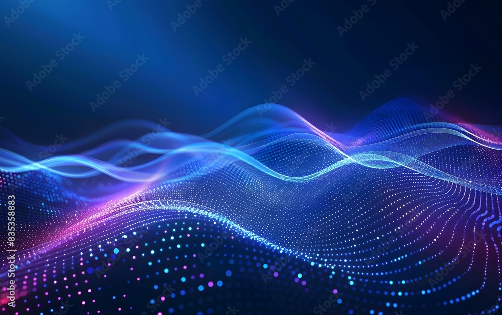 Poster abstract blue digital wave with glowing dots on a dark background, in the technology and data concep