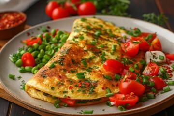 Delicious and healthy breakfast of a stuffed omelette served with a side salad of cherry tomatoes and herbs