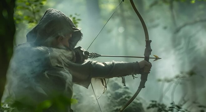Skilled Elf Ranger Hunts in the Forest with Bow and Arrows, Expert in Nature Lore. Concept Fantasy RPG, Adventurous Quests, Skilled Archer, Forest Exploration, Nature Lore Expert
