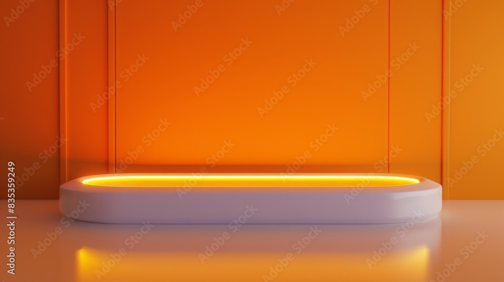 Aufkleber a clean, modern interior features bright orange walls and a sleek white table that is illuminated fr