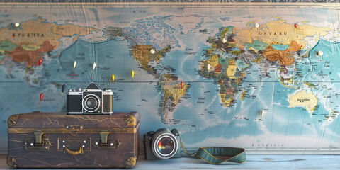 Vintage Travel Poster: A world map with pins marking different countries, a suitcase, and a vintage camera