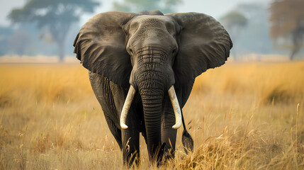 Fototapeta premium An elephant stands in the savannah, facing forward with its trunk up and ears flapping. The background is an open field of tall grass. There are no other animals around. 