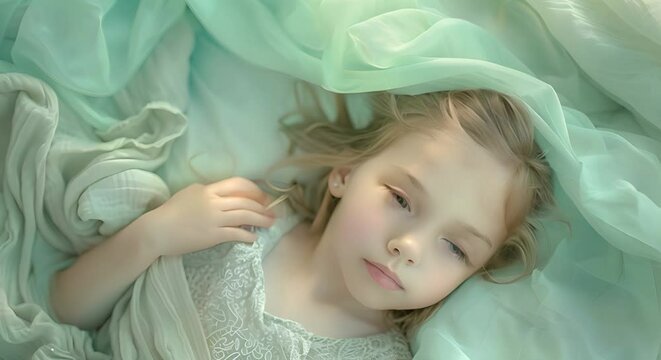 Illustration of a young girl peacefully asleep in bed, ideal for depicting children's bedtime routines. Concept Illustration, Young girl, Peaceful, Asleep, Bedtime routine