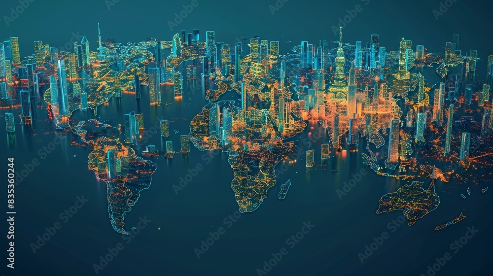 Poster a map of the world depicted using an array of glowing lights, showcasing continents and countries in