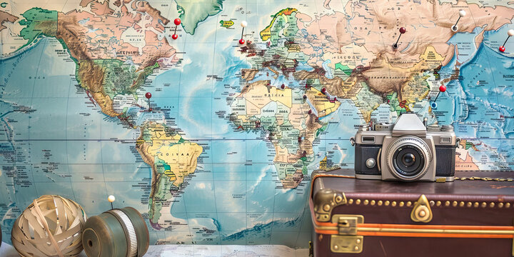 Vintage Travel Poster: A world map with pins marking different countries, a suitcase, and a vintage camera