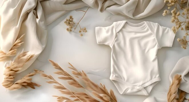 Gender-Neutral Design: Mockup of White Baby Bodysuit in Neutral Setting. Concept Gender-Neutral Design, Baby Apparel, Mockup, White Bodysuit, Neutral Setting
