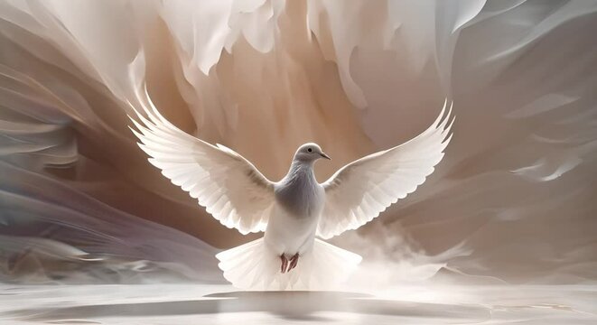 Winged dove symbolizing Holy Spirit in the New Testament with copy space. Concept Religious Symbolism, Holy Spirit, Winged Dove, Christianity, Biblical Iconography