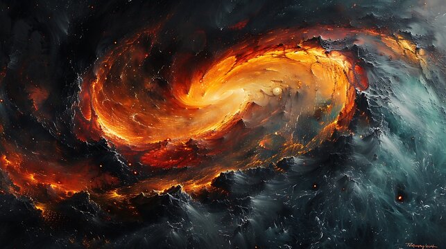 An abstract painting of the Virtual Vortex, featuring chaotic streams of red and orange data spiraling into a dark abyss, set against a black backdrop with subtle digital artifacts.