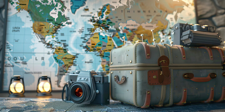 Vintage Travel Poster: A world map with pins marking different countries, a suitcase, and a vintage camera