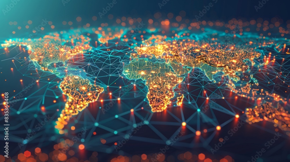 Poster a detailed map of the world is depicted with various illuminated lights marking different locations 